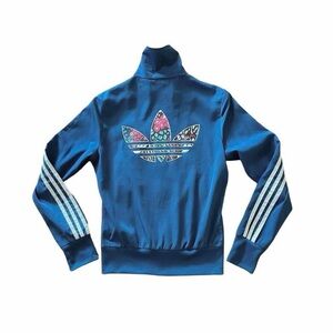 Adidas Blue Jacket with Floral Trefoil - Size XS